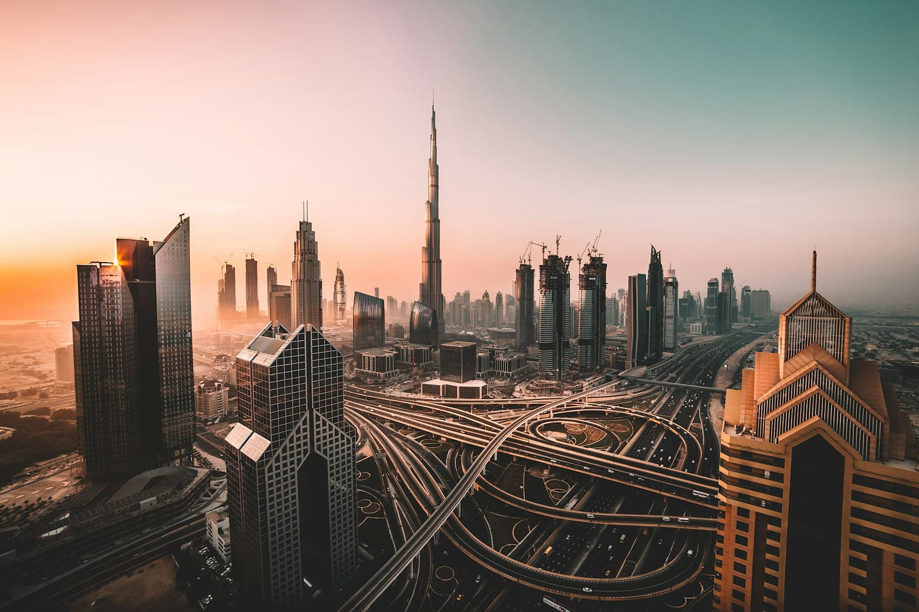 City skyline at sunset